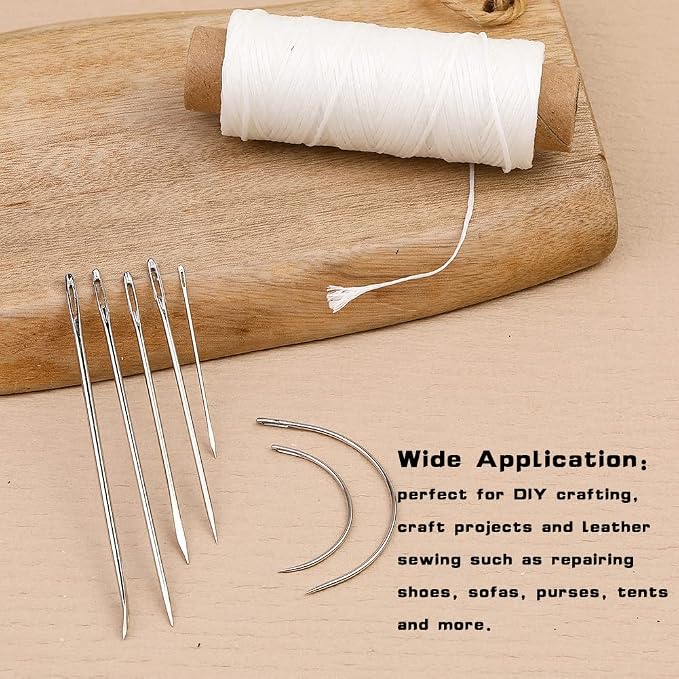 Ftyiwu Waxed Thread 55 Yards, Leather Sewing Waxed Thread with Hand Sewing Needles for Home Upholstery Carpet Leather Canvas Repair and Sewing (Original White)