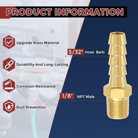 Pack of 2 Brass Hose Barbs Fittings 5/32" Hose Barbs to 1/8" NPT Male Fittings for Home Machines, Massage Bathtubs, and Irrigation Systems