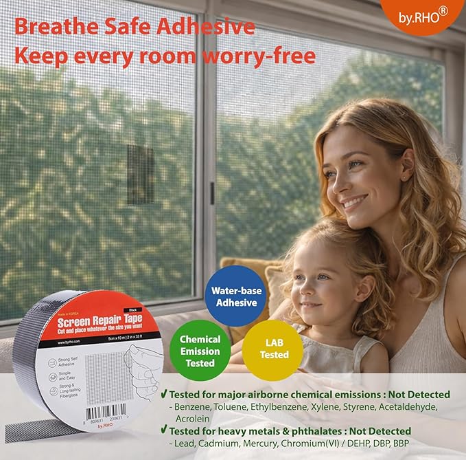 by.RHO Window Screen Repair Kit Tape. Black XL(15FT). 3-Layer Strong Adhesive & Waterproof Fiberglass Covering Wire mesh Repair for Window Screen and Screen Door tears Holes Screen Repair kit