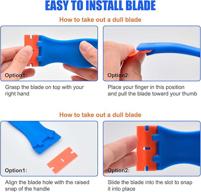 4 Pcs Plastic Razor Blade Scraper and 120 Pcs Blades, Remove Label Decal Tool,Forwithout Scratches Plastic Razor Blade Scraper, Adhesive Remover for Kitchen Appliances,Stickers and Paints on Window