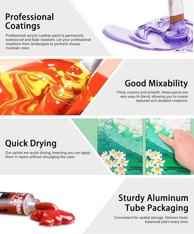 Colorful Acrylic Leather Paint for Shoe Painting- 12 Colors Leather Paint for Bag & Wallet Decor, Leather Jacket Care, Crafts DIY & Customizing Leather Projects