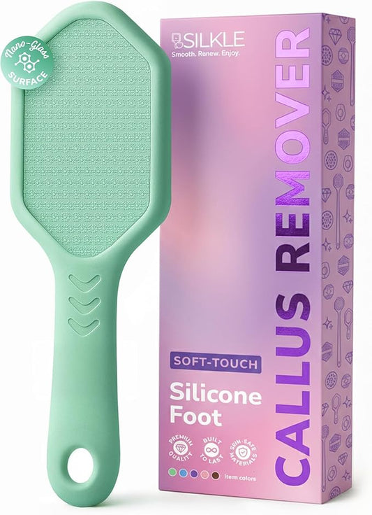 SILKLE Nano Glass Foot File - Silicone Foot Callus Remover for Feet and Cracked Heels - Heel Scraper for Dead Skin - Ergonomic Foot Scrubber & Exfoliator for Shower with Non-Slip Grip - Green