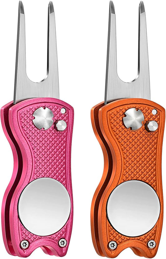 Mile High Life Golf Divot Repair Tool, All Metal Foldable Divot Tool with Pop-up Button & Magnetic Ball Marker, 2-6 Pack