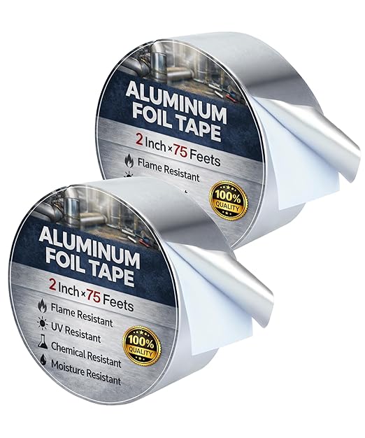 Bates- Aluminum Foil Tape, 2 Inch x 25 Yard, 3.6 Mil, 2 Pack, HVAC Heat Tape for Ductwork, Dryer Vent, Air Conditioning, Furnace, Pipe Insulation, Waterproof, Flame, UV & Chemical Resistant