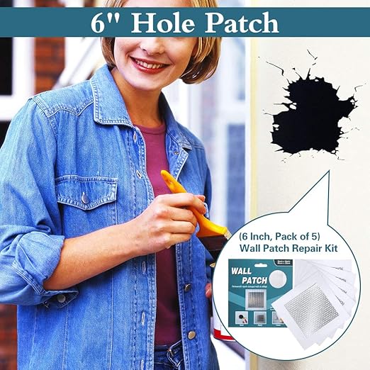 6'' by 6'' Wall Repair Patch, 5 Pcs Plasterboard Patch, Plaster Repair Kit, Safe Mend Plaster, Safemend Drywall Repair Adhesive, Filler for Walls Ceiling Hole, Self Adhesive Aluminum Mesh Wall Repair