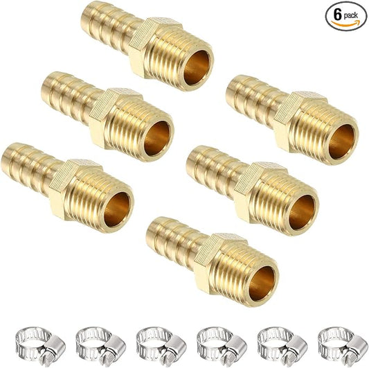 Pack of 6 Brass Hose Barb Fittings 3/8" Hose Barb to 1/4" NPT Male Fittings with 6pcs Stainless Steel Hose Clamps for Home Machines, Massage Bathtubs, and Irrigation Systems
