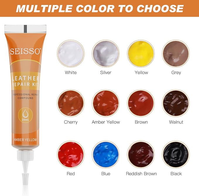12 Colors Leather Repair Kit - for Furniture Car Seats Couches Sofa Shoes Boat, Leather Dye Restore Scratches Tears Holes, Purses Jacket Leather Paint, Vinyl Repair Kit Bonded Leather Genuine Italian…