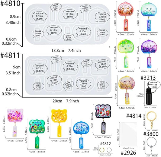 FUNSHOWCASE Wind Chimes Resin Shaker Molds Set Keychain Charms Pack of 68 Epoxy Silicone Trays Precision Tip Applicator Bottle Kit Bundle