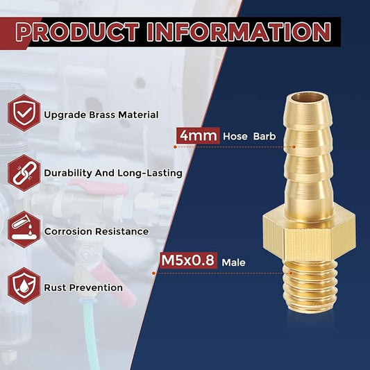 Pack of 10 Brass Hose Barb Fittings Adapter Connector 4mm Hose Barb to M5x0.8 Male Fittings for Home Machines, Massage Bathtubs, and Irrigation Systems