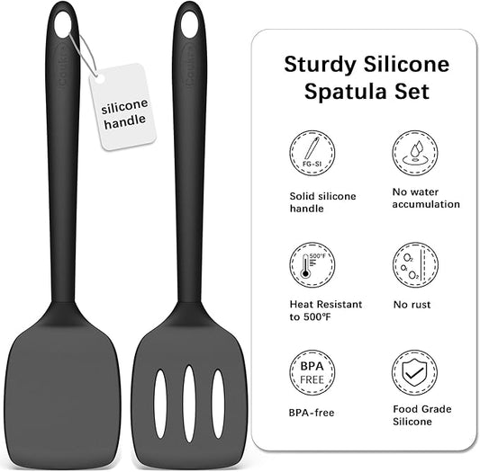 Coukre 2 Pack Silicone Spatula Set, High Heat Resistant, BPA Free Kitchen Spatula, Solid & Slotted Turner for Non-Stick Pans, Sautéing, and Flipping (2, PureBlack)