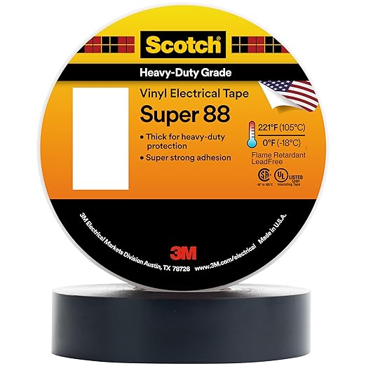 3M Scotch Vinyl Electrical Tape Super 88, 1-1/2 in x 44 ft, Black, 1 Roll, Premium Grade, Rubber Resin Adhesive, PVC Backing, All-Season Heavy Duty Electric Tape