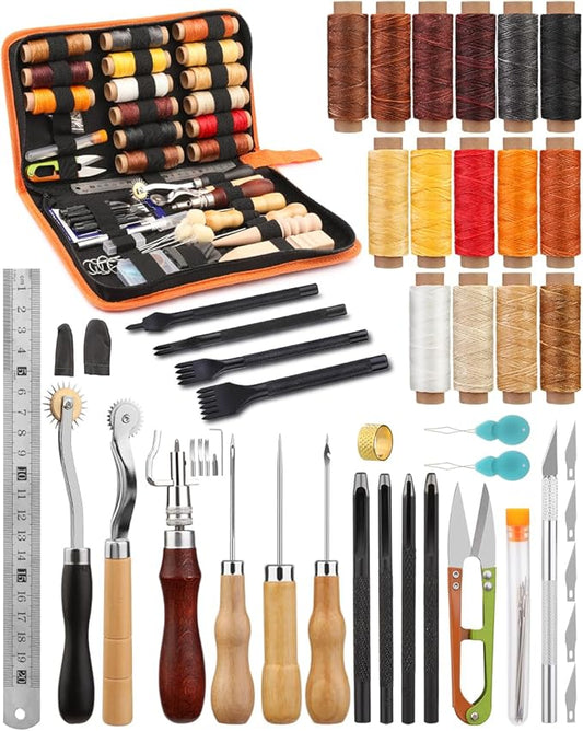 BUTUZE Leather Working Tools, Practical Leather Craft Kit with Waxed Thread Groover Awl Stitching Punch Hole for Leathercraft Beginner or Adults Gifts