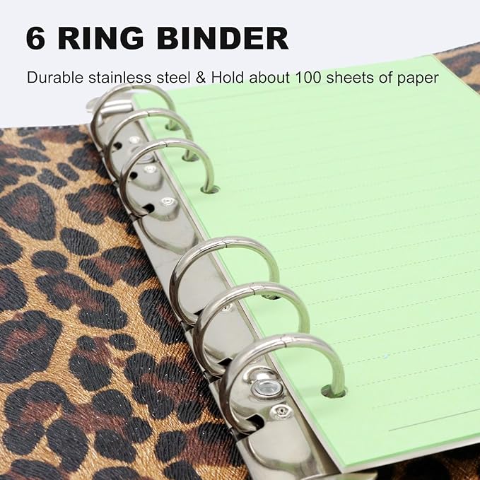 Convend A5/A6 Refillable 6 Ring Faux Leather Binder with Raised Leopard Texture,Mini Notebook Binder Cover for A5 Filler Paper,Loose Leaf Personal Planner Cover with Magnetic Buckle Closure(Leopard)