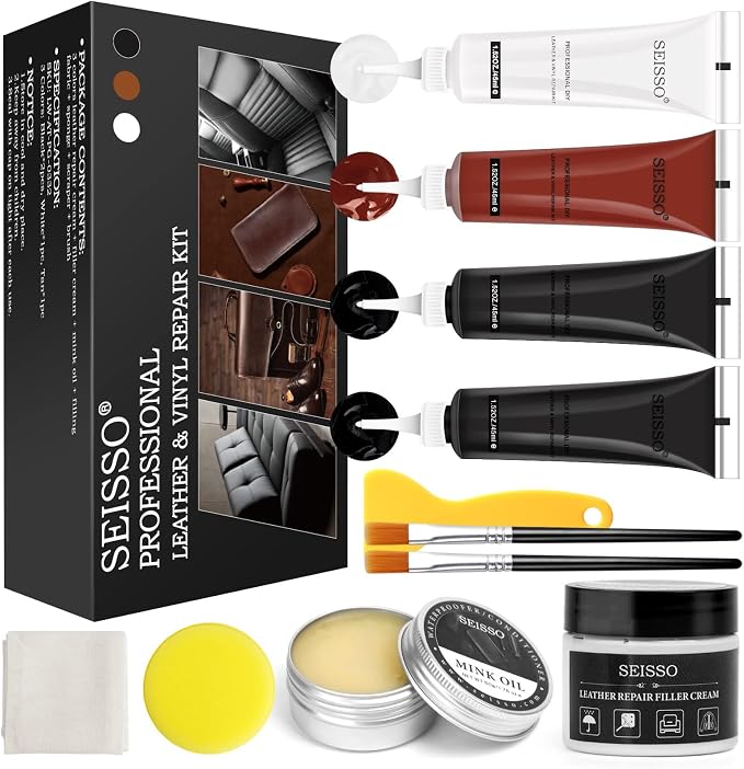 SEISSO Leather Repair Kit for Furniture, Vinyl Leather Repair Kit Car Interior Leather Dye with Mink Oil, Leather Filler Restore for Sofa Couch Cat Scratches