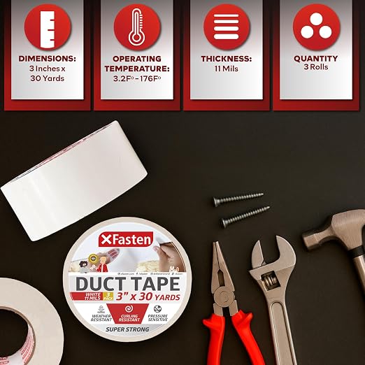 XFasten Super Strong White Duct Tape 3 Inch x 30 Yards 3-Pack (90Yds Total) White Outdoor Tape White Duct Tape Heavy Duty Waterproof, Easy to Tear Travel Duct Tape Bulk for Smooth and Rough Surfaces