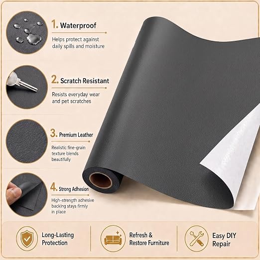 Self Adhesive Leather Repair Patch 24x54 Inch Sofa Car Seat Strong Adhesive | YAWQIRV Strong Self Adhesive Patch, Leather Repair Kit, Vinyl Repair Kit for Sofa, Waterproof Scratch Fix, Durable, Dark Grey
