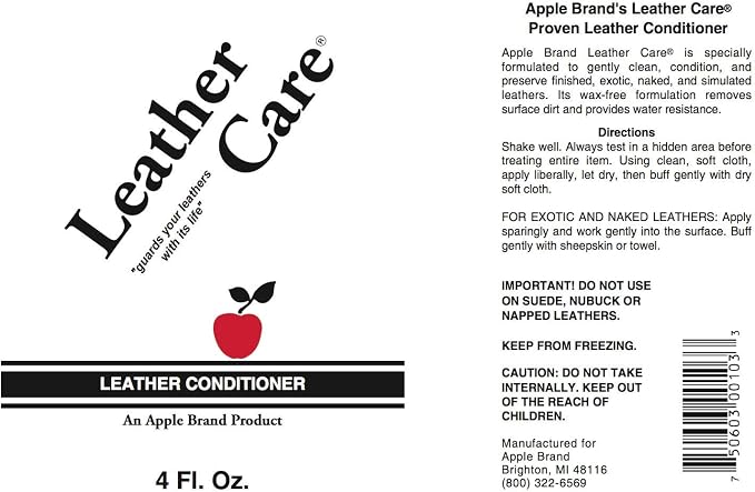 Apple Brand Leather Care Conditioner | Wax Free Cleaner & Conditioner | for Use On Leather Purses, Handbags, Shoes, Boots & Accessories - Safe On