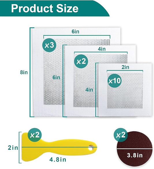 WYIRONG 19 Pack Drywall Repair Kit for Large Holes, 2/4/6/8 Inch Dry Wall Patch Kits for Erase a Small Nail Hole, Plaster Wall Patching Self Adhesive Aluminum Mesh with Scraper and Sandpaper
