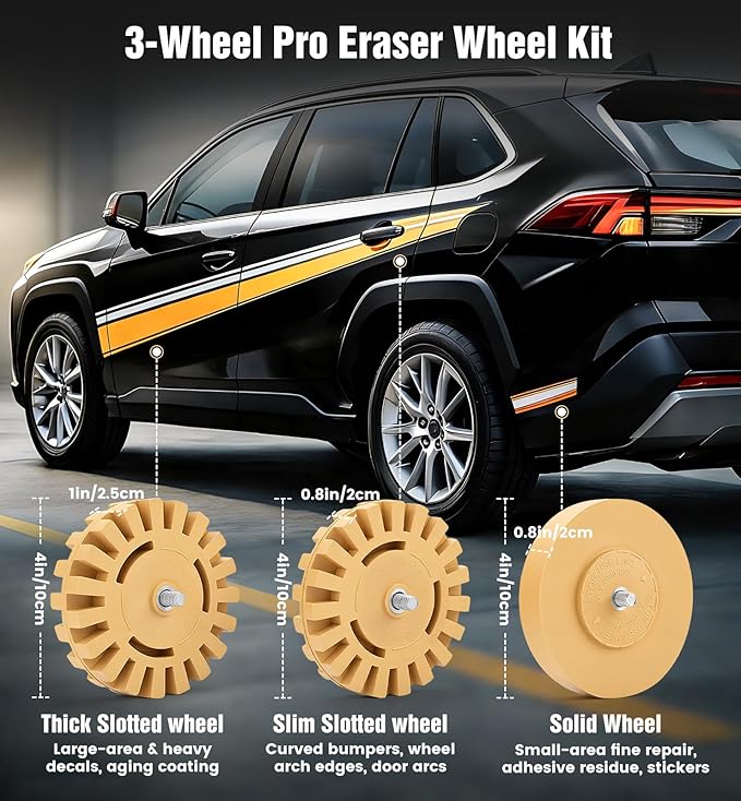 Eraser Wheel Decal Remover Tool Kit - 2 Pack Slotted Rubber Wheels with Razor Blade Scrapers & Drill Adapters - Professional Adhesive Pinstripe Sticker Remover for Cars, Trucks, RVs