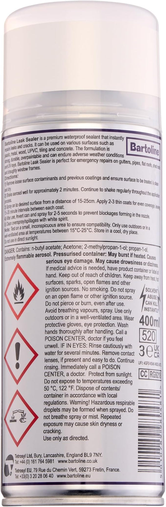 Bartoline Leak Sealer Spray, White, 13.5 oz [3 Pack] - Instant Waterproof Sealant for Pipes, Gutters, Roofs & Cracks Durable, Overpaintable & Weatherproof - 400 ml