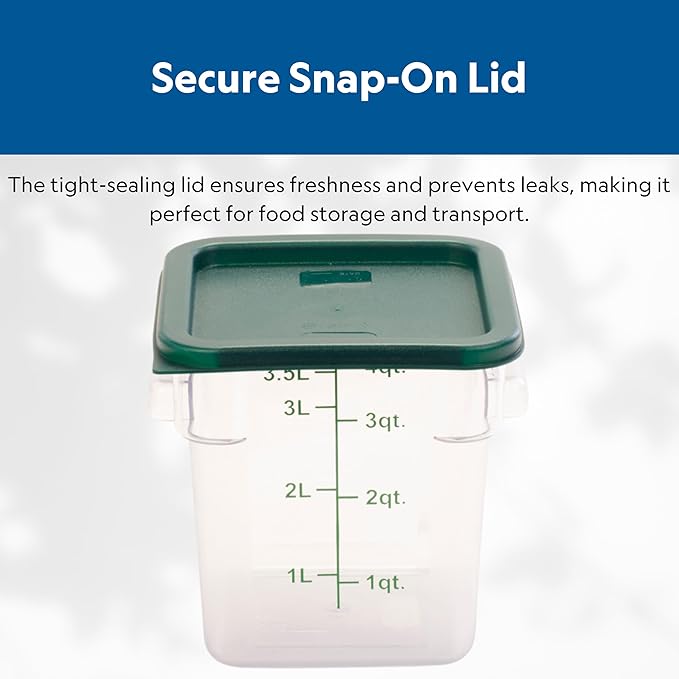 FSE Square Food Storage Container with Green Lid, 4 Quart, Polycarbonate, Reusable, Clear, NSF