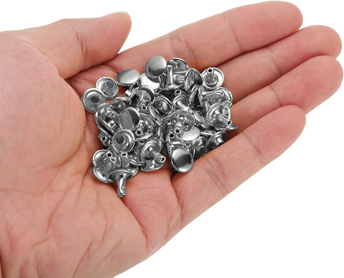 HARFINGTON 100 Sets Double Cap Leather Rivets, 9x8mm Round Cap Tubular Metal Studs Leather Crafting Rivets for Fabric Belt Pet Collar Boot Bag Repair and Decoration, Silver