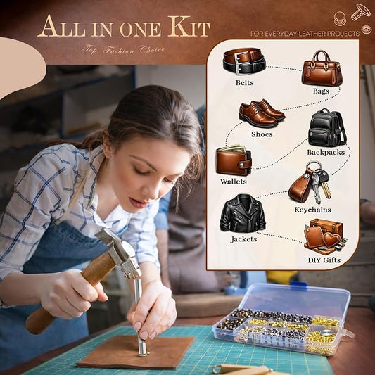 240 Sets Leather Rivets Kit, Double Cap Brass Rivets Leather Studs with 3PCS Setting Tools for Leather Repair and Crafts, 4 Colors and 3 Sizes