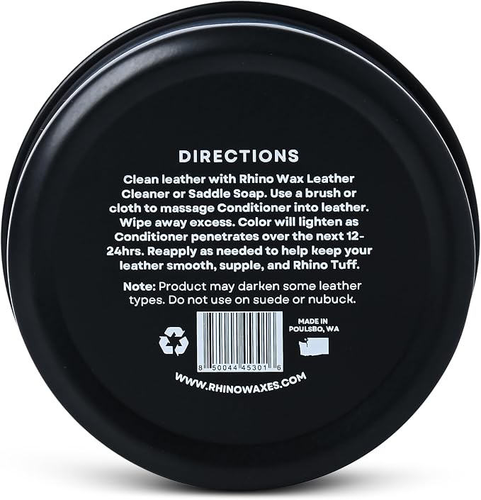 Rhino Wax - Leather Conditioner (4oz) - Trusted Conditioners for Boots, Furniture, Shoes, Purses - Easy Use Applicator - Hydrates, Rejuvenates, Protects - Natural Ingredients - USA Made
