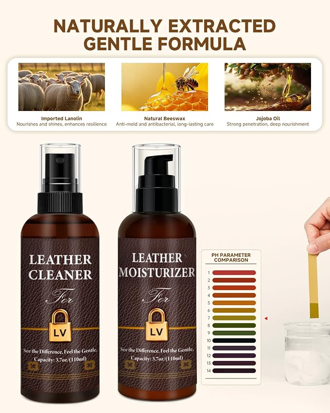Leather Cleaner & Moisturizer Set for Louis Vuitton, Cleaning and Maintenance Set for LV, Powerful Stain Removal, Gentle Care, Suitable for LV Handbags/Wallets and Other Luxury Brands