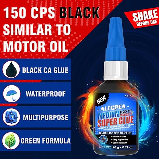 20g Black Medium CA Glue (150 CPS), Premium Cyanoacrylate Super Glue for Wood, Glass, Metal, Paper, Leather, Plastic, Ceramic, Rubber, Jewelry, Woodworking, Hobby Models, and Craft Project