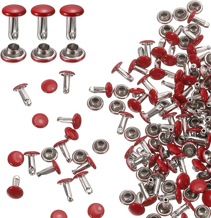 HARFINGTON 100 Sets Double Cap Leather Rivets, 6x8mm Round Cap Tubular Metal Studs Leather Crafting Rivets for Fabric Belt Pet Collar Boot Bag Repair and Decoration, Red