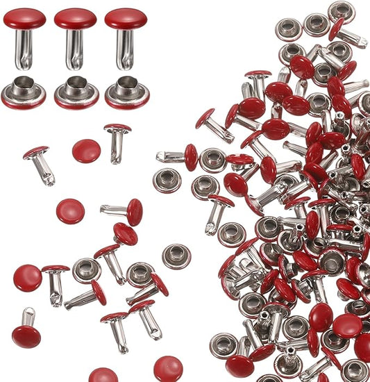 HARFINGTON 100 Sets Double Cap Leather Rivets, 6x8mm Round Cap Tubular Metal Studs Leather Crafting Rivets for Fabric Belt Pet Collar Boot Bag Repair and Decoration, Red