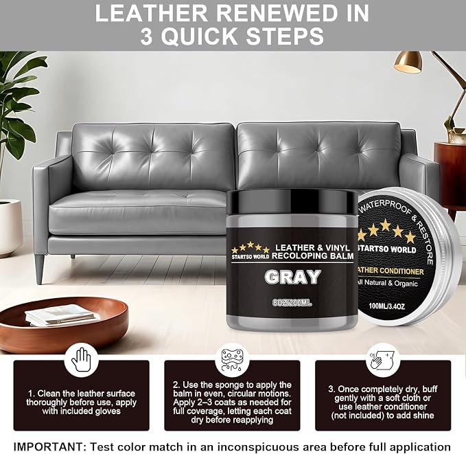 STARTSO WORLD 200Ml Leather Recoloring Balm with 100ML Leather Conditioner, Gray Leather Repair Kit for Furniture, Leather Dye, Leather Scratch Repair, Leather Couch Paint