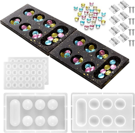 Zhehao Mancala Board Game Molds Set Epoxy Silicone Resin Molds Kit with 2 Pcs Mancala Stones Molds 4 Pcs Metal Mancala Accessories Mancala Board Resin Game Molds for Gifts DIY Family Party Board Games