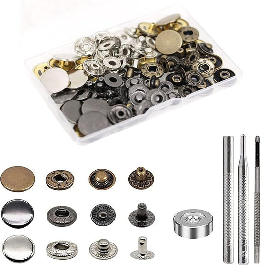 BetterJonny 24 Sets Heavy Duty Leather Snap Fasteners Kit, 20mm Metal Snap Buttons Press Studs Leather Rivets Snaps with 4 Setter Tools for Clothes Bracelet Jackets Jeans, 3 Color