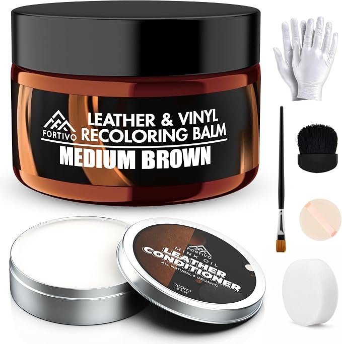 FORTIVO Leather Recoloring Balm with Mink Oil, Couch Repair Kit, Leather Dye and Restorer for Furniture