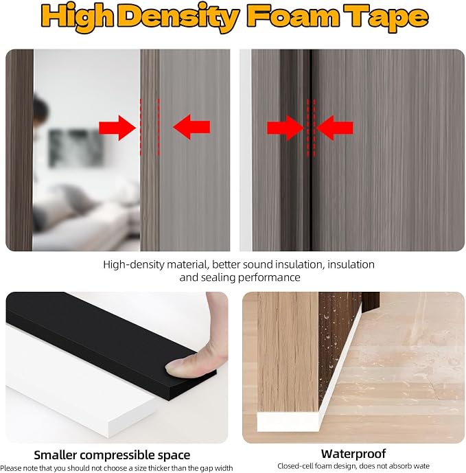 EVA Foam Weather Stripping Tape,1 Inch W x 1/4 Inch T Self-Adhesive Seal Tape for Doors & Windows-Draft Blocker,Soundproofing,Waterproof Insulation Foam,2 Rolls Total 33FT Black