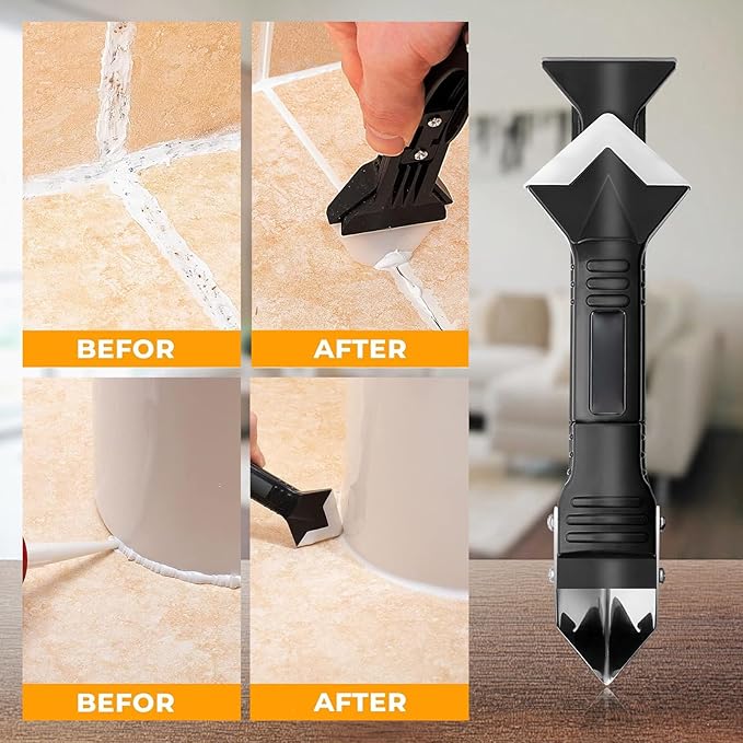 Sakerplus 3-in-1 Caulking Tool, Scraper & Silicone Trowel for Grout Removal and Caulk Smoothing, Sealant Application Tool for Bathroom Kitchen Tile Sink Window Frame (Classic Black, 2 Sets)
