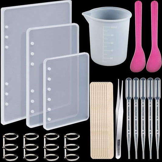 WILLBOND 26 Pcs Resin Notebook Mold Kits Cover Silicone Molds for A5 A6 A7 Silicone Resin Molds for Notebook Epoxy Resin DIY with Book Rings Spoon Tweezer Cup Dropper Wood Stick