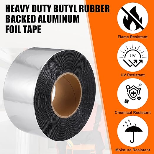 50 Mil Heavy Duty Aluminum Foil Rubber Tape, Waterproof, for Sealing Roof Flashing, and Repairs in Punctures in Trailers, Truck Bodies, Containers, RV's and Campers(4" X 50')