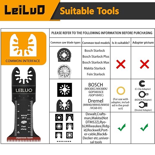 LEILUO 7 Pcs Extra Long Oscillating Tool Blades 70mm CRV Japanese Tooth & 55mm Titanium Multitool Blades for Wood with Nails Oscillating Saw Blade Compatible with DeWalt Makita Milwaukee and More