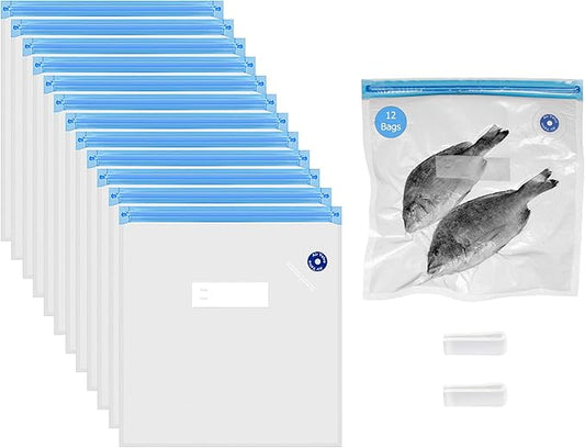 Basicwise 9" x 13" Set of 12 Reusable Airtight and Resealable Food Storage Bags Durable & Convenient Solution for Fruits Fresh Vegetables Cooked Meals & Leftovers Compatible with Most Vacuum Sealers