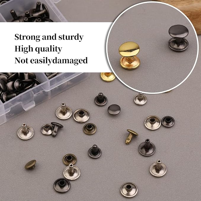TLKKUE 480 Sets Leather Rivets Kit 4 Colors Double Cap Rivets 3 Sizes Rivet for Leatherworking with Rubber Hammer Fixing Tool Kit 4 Pieces for DIY Leather Craft Clothes Shoes Decoration and Repair