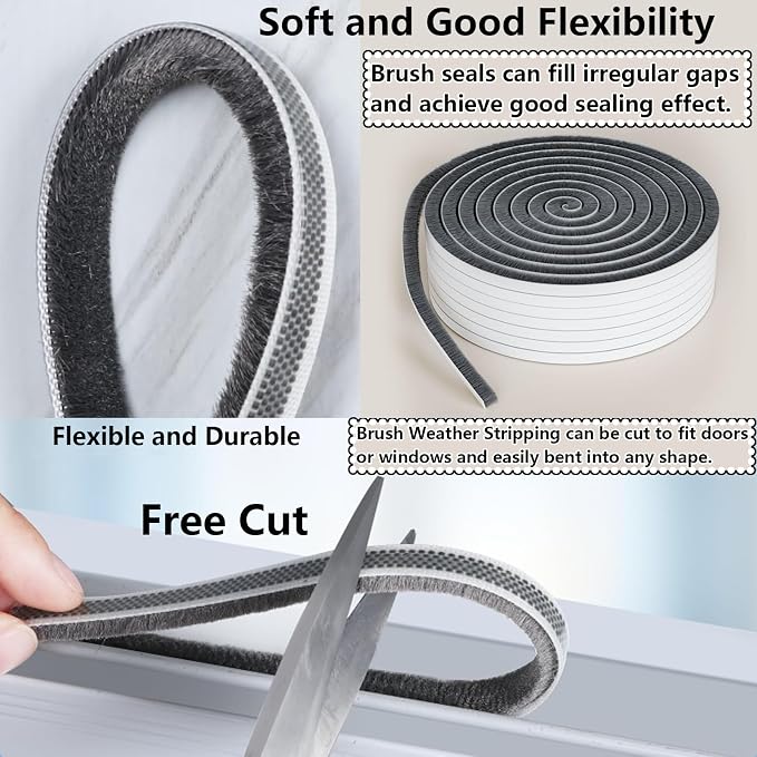 Brush Weather Stripping 0.2in(T) x 0.4in(W) x 33FT Grey Door Seal Strip for Door Frame, Sliding Glass Door Draft Stopper Window Soundproofing Bristle Door Sweep Weatherstripping