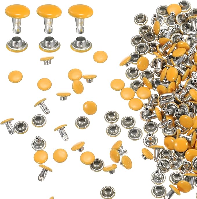 HARFINGTON 100 Sets Double Cap Leather Rivets, 6x6mm Round Cap Tubular Metal Studs Leather Crafting Rivets for Fabric Belt Pet Collar Boot Bag Repair and Decoration, Yellow