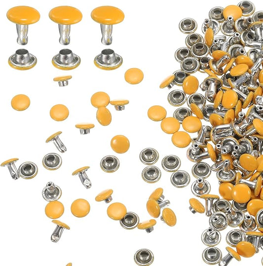 HARFINGTON 100 Sets Double Cap Leather Rivets, 6x6mm Round Cap Tubular Metal Studs Leather Crafting Rivets for Fabric Belt Pet Collar Boot Bag Repair and Decoration, Yellow