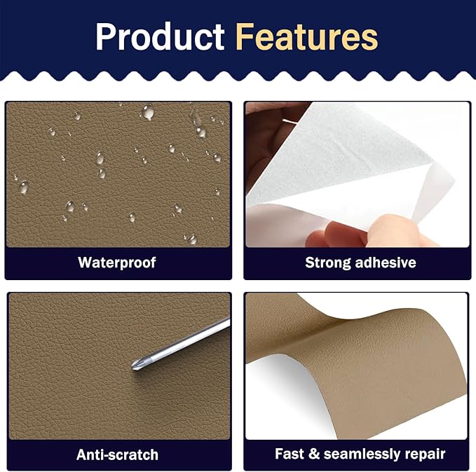 Zenyao Leather Repair Patch Tape - Self Adhesive Leather Repair Kit for Car Seat Furniture, Heavy Duty Vinyl Repair Patch for Couch Sofa, Waterproof Fix for Tears, 16x30 Inch Roll, Grey Khaki