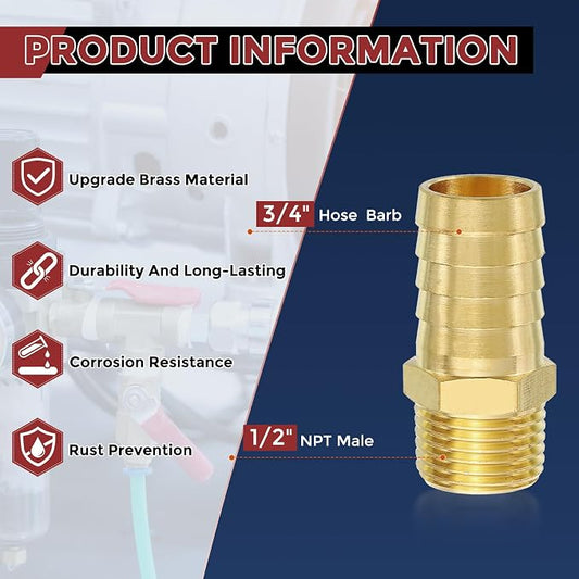 Pack of 4 Brass Hose Barbed Fittings Adapter Connector 3/4" Hose Barb to 1/2" NPT Male Fittings for Home Machines, Massage Bathtubs, and Irrigation Systems