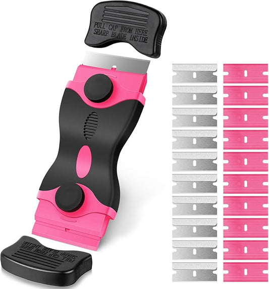 Ainiv Razor Blade Scraper, 2-in-1 Scraper Tool with 10PCS Metal Blades and 10PCS Plastic Blades, Multi-funtional Cleaning Razor Scraper for Decals, Stickers, Labels, Caulk, Adhesive Removal(Pink)