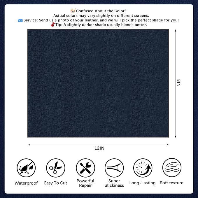 2 Pcs Dark Blue Leather Repair Tape, 8x12 Inch Leather Repair Patch Self-Adhesive, Waterproof Faux Leather Patch, Vinyl Repair Tape for Couch, Sofas, Furniture, Office Chair, Car Seats